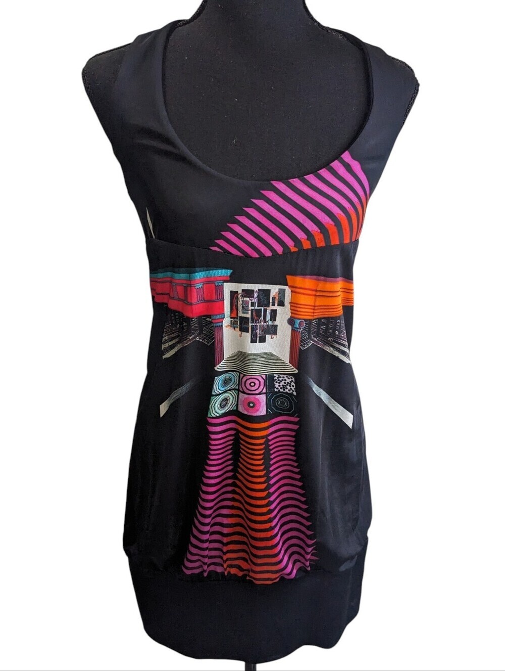Save The Queen Black Mini Dress with Pink, Orange and Turquoise Graphic Size M